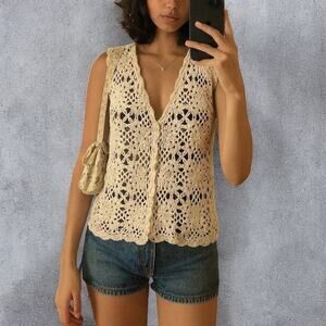 Vintage 90s Brandon Cream Crochet Floral Button Front Vest Medium
